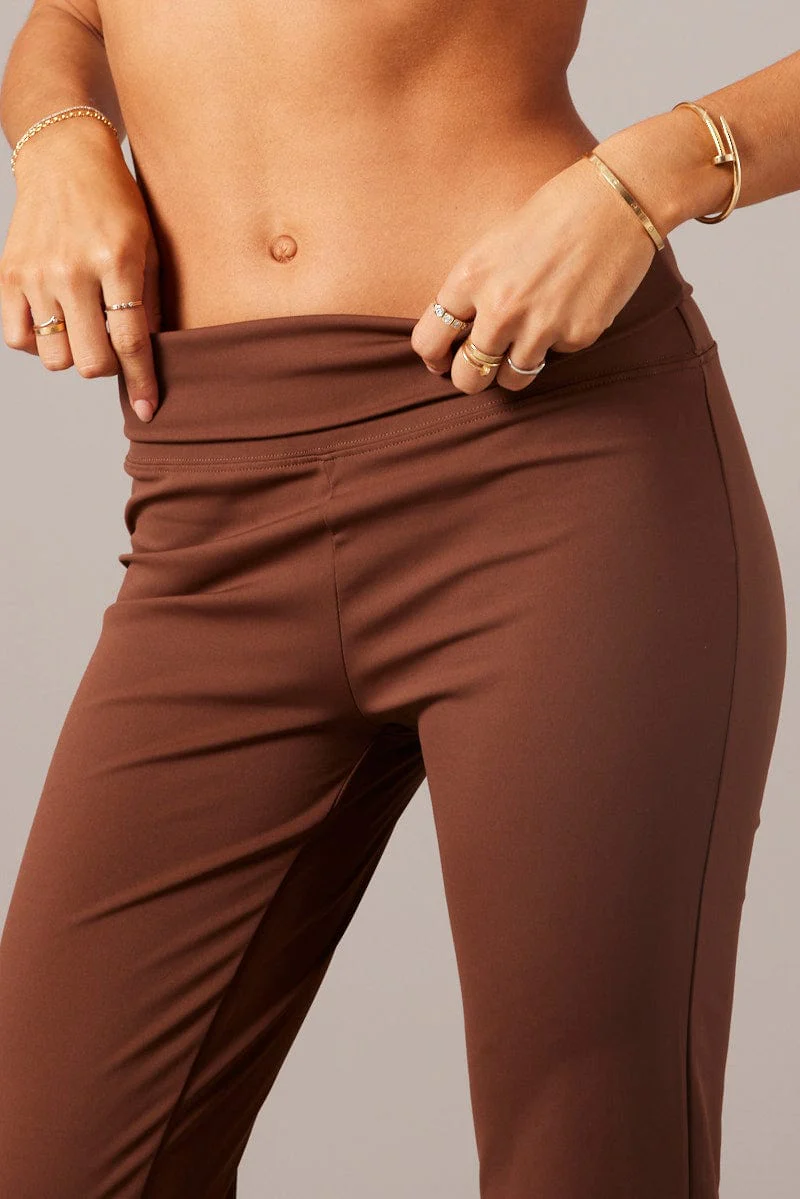 Brown Flared Pants Fold Up Waist Mid Rise