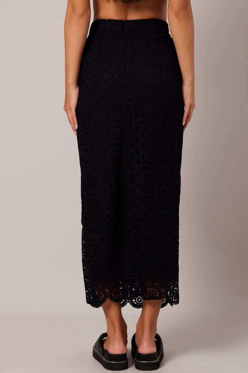 Black Midi Skirt High Rise Lace