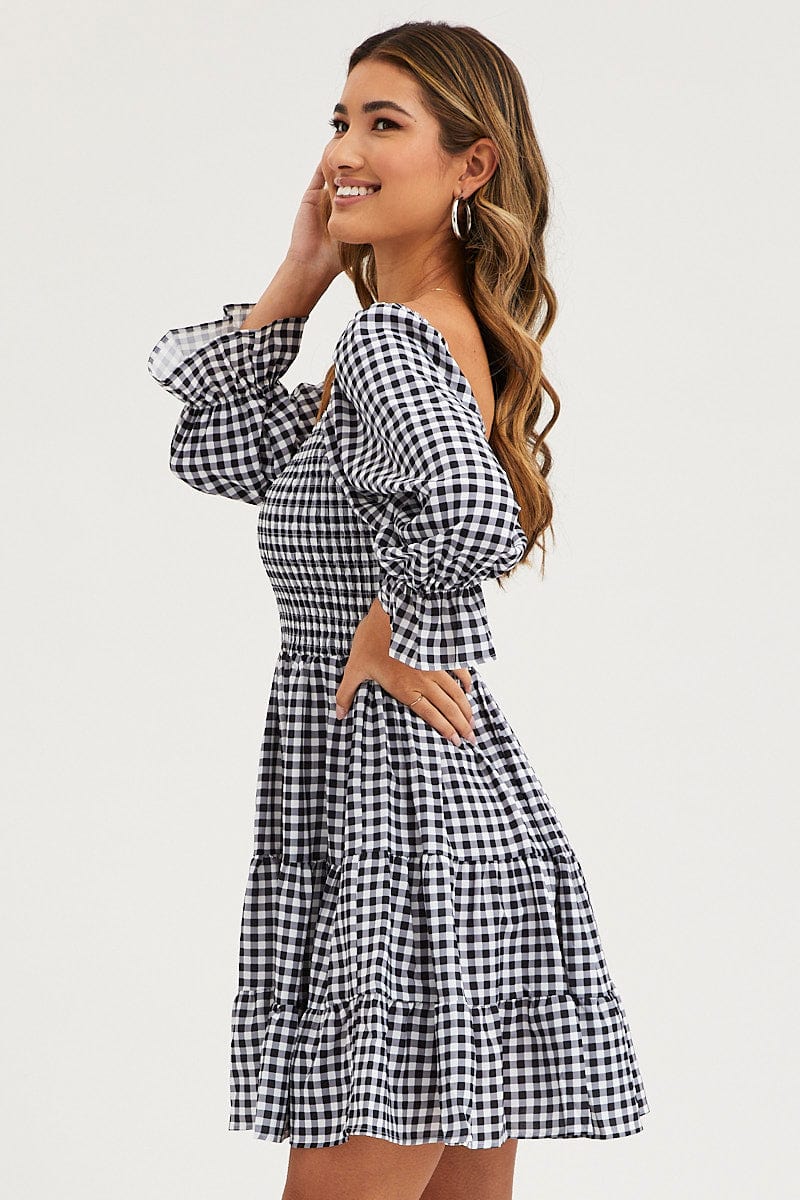 Check Fit And Flare Dress Long Sleeve Sweetheart Neck