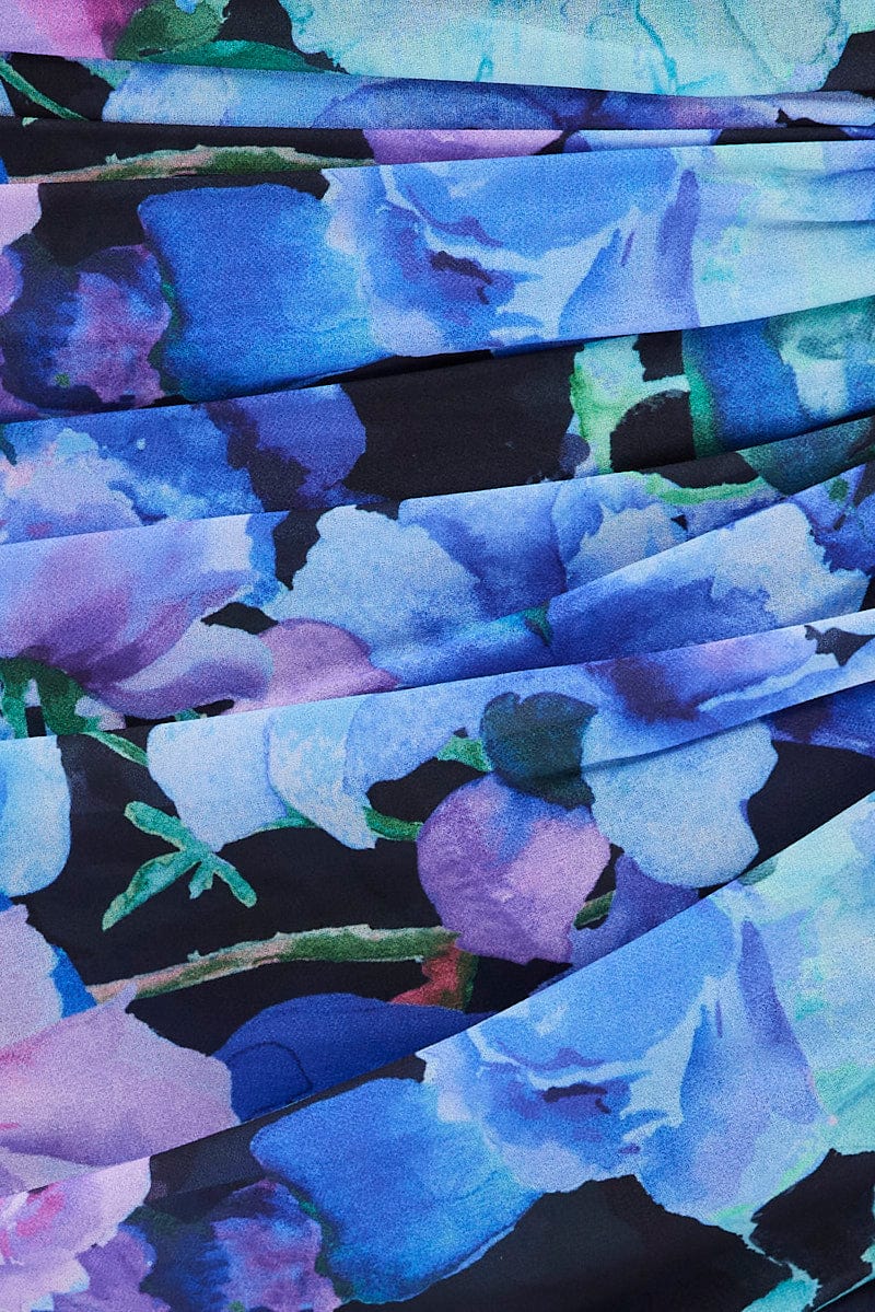 Multi Floral Sash Dress Bandeau Chiffon Draped Mini Dress