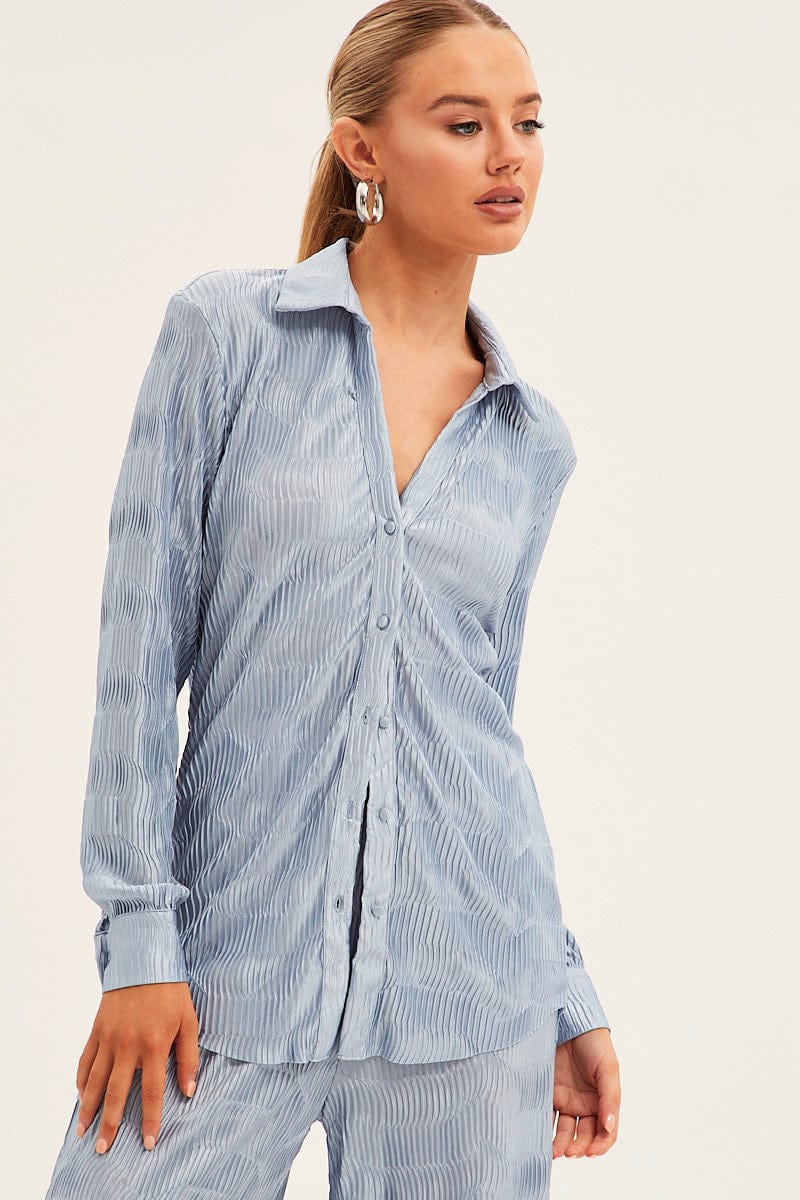 Blue Plisse Shirt Long Sleeve Collared Longline