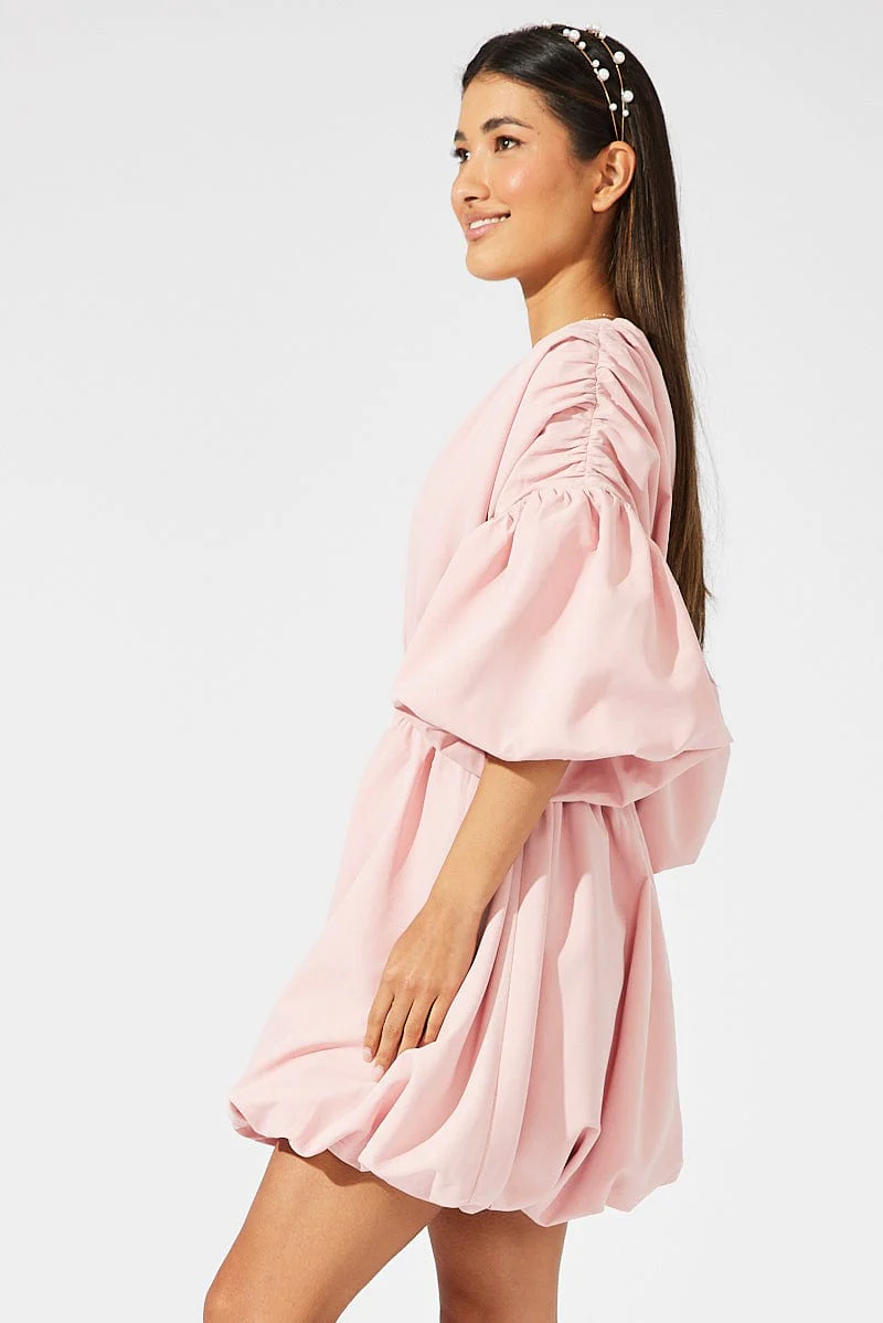 Pink Puffball Dress Statement Plunge Mini Dress