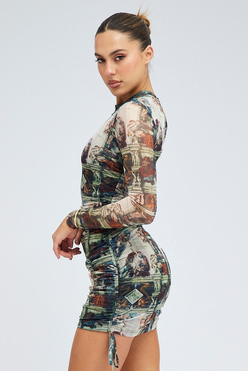 Multi Print Bodycon Dress Ruched Side Long Sleeve Mini
