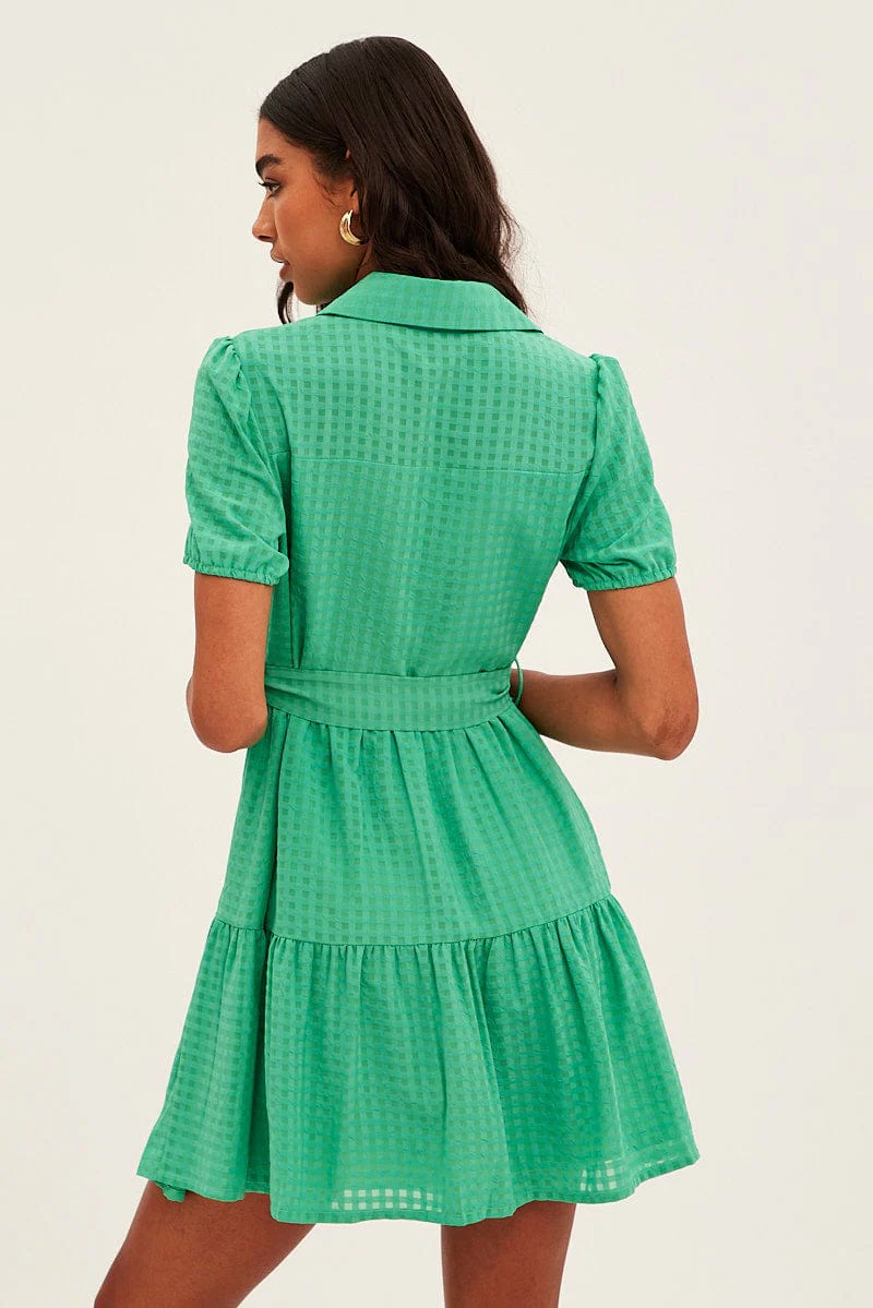 Green Tie Waist Puff Sleeve Mini Dress