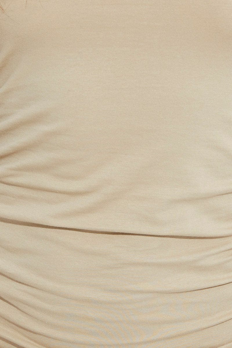 Beige Bodycon Dress Sleeveless Racer Back Ruched Sides