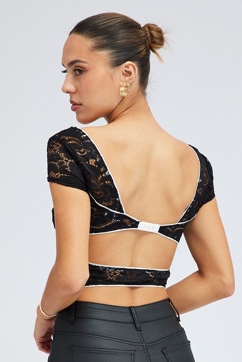 Black Lace Top Cap Sleeve Square Neck Open Back Stretch