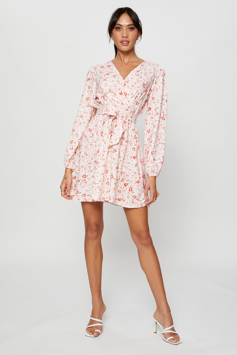 Print Wrap Dress Long Sleeve Mini
