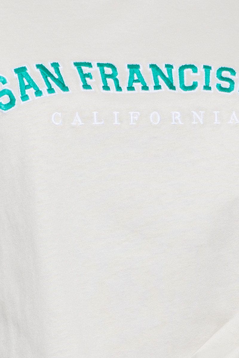 Beige Graphic T Shirt Short Sleeve Embroided