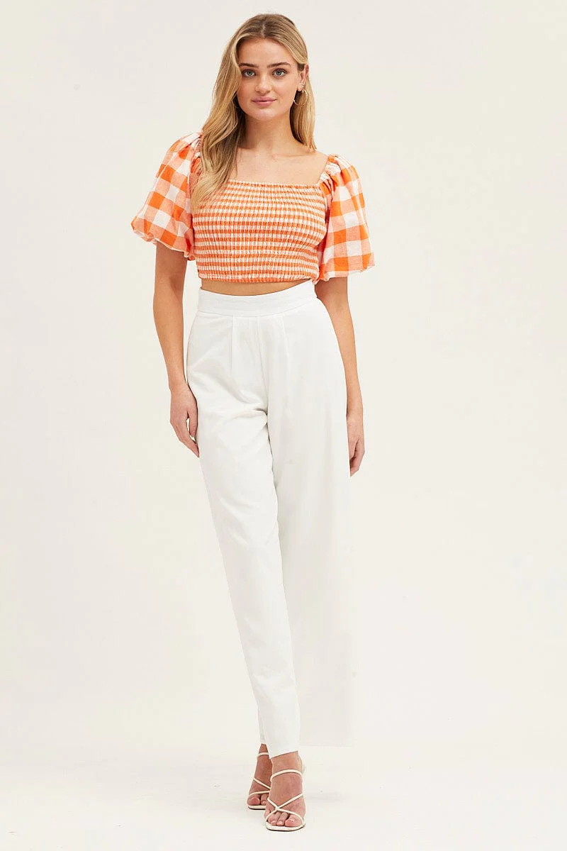 Check Gingham Half Sleeve Shirred Cropped Top