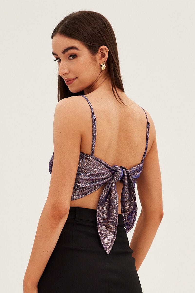 Purple Party Top Sleeveless Crop Scarf Hem Sparkly