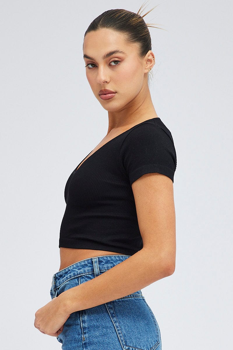 Black T Shirt Short Sleeve V Neck Seamless