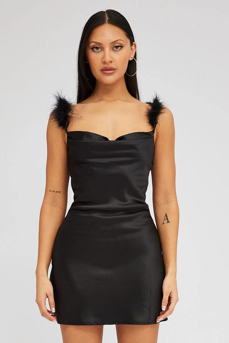 Black Feather Shoulder Satin Slip Dress