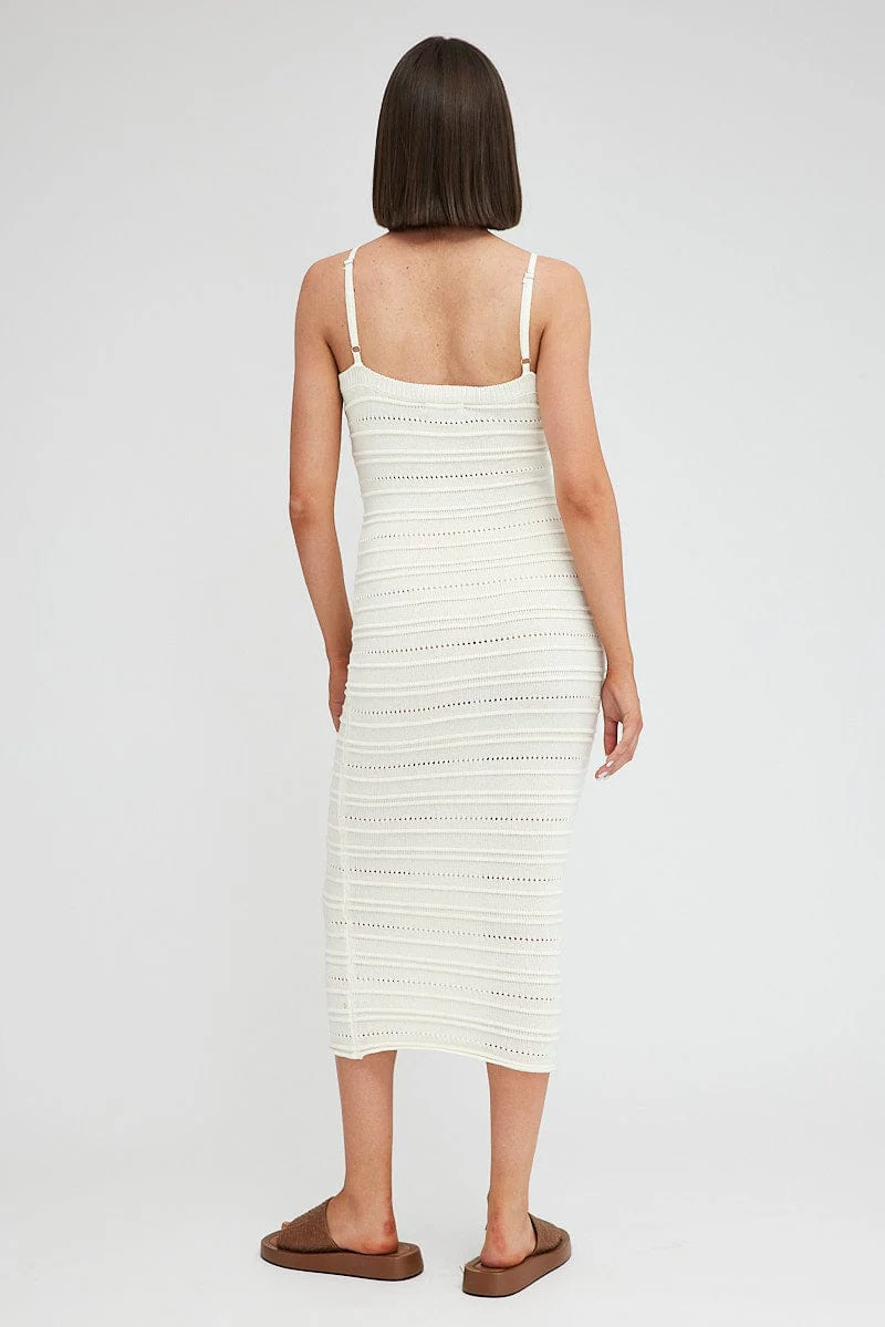 White Knit Dress Twisted Bust Midi