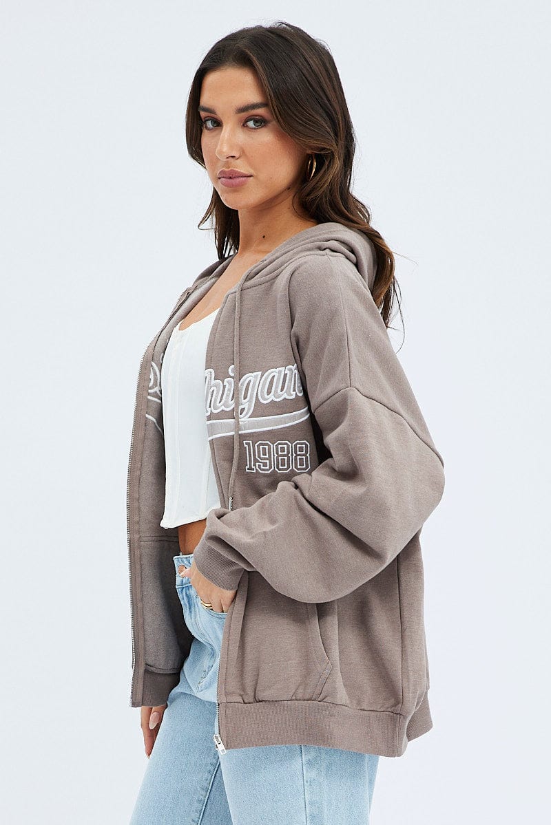 Brown Zip Hoodie Long Sleeve Graphic