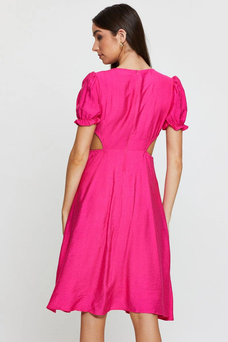 Pink Midi Dress Short Sleeve V Neck