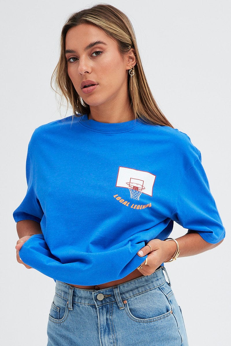Blue T Shirt Short Sleeve Crew Neck Basketball Graphic