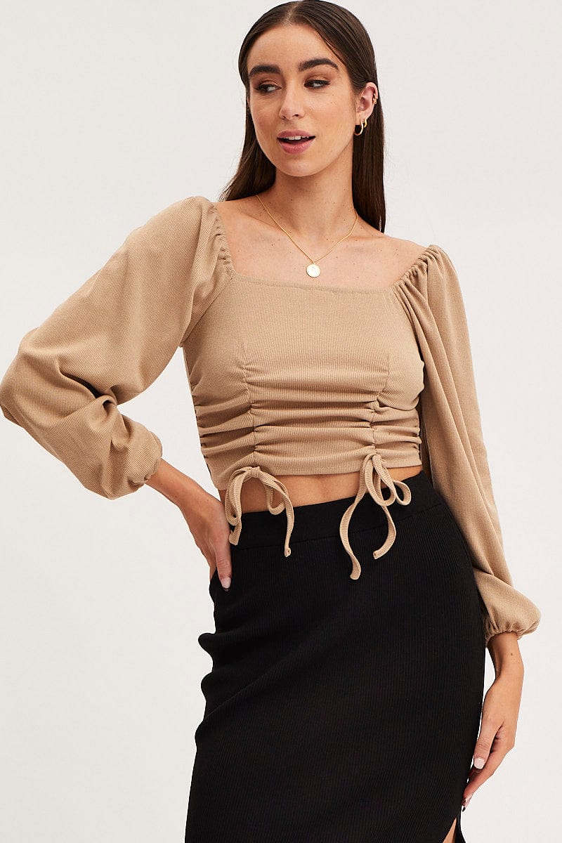 Beige Ruched Crop Top Long Sleeve