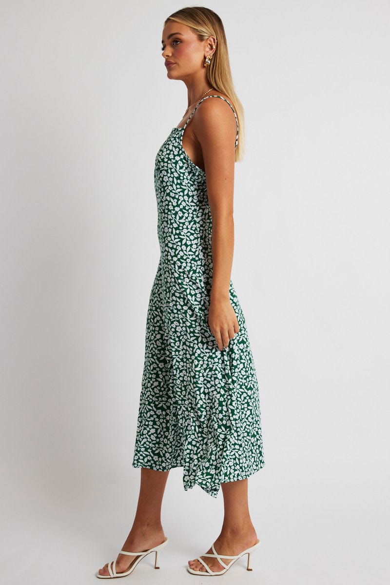 Green Floral Midi Dress Sleeveless