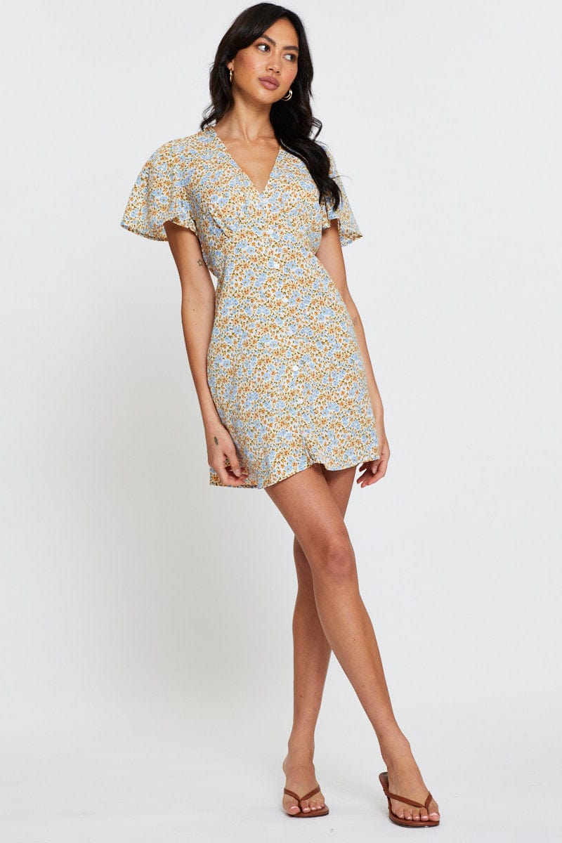 Ditsy Print Skater Dress Short Sleeve Knee Length