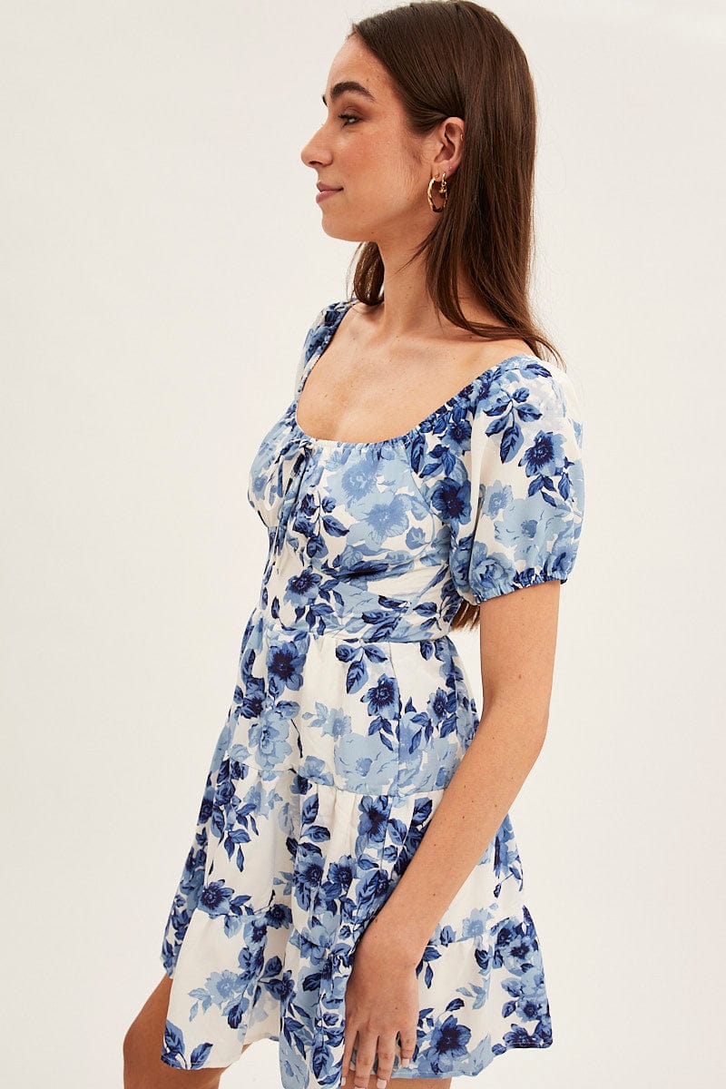 Blue Floral Fit And Flare Dress Short Sleeve Round Neck