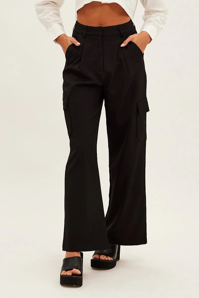 Black Wide Leg Pants High Rise Cargo Tailored