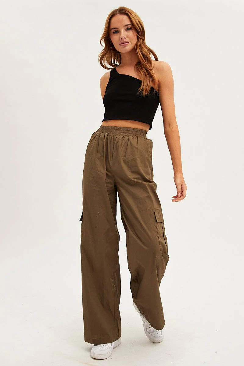 Green Wide Leg Cargo Pants High Rise