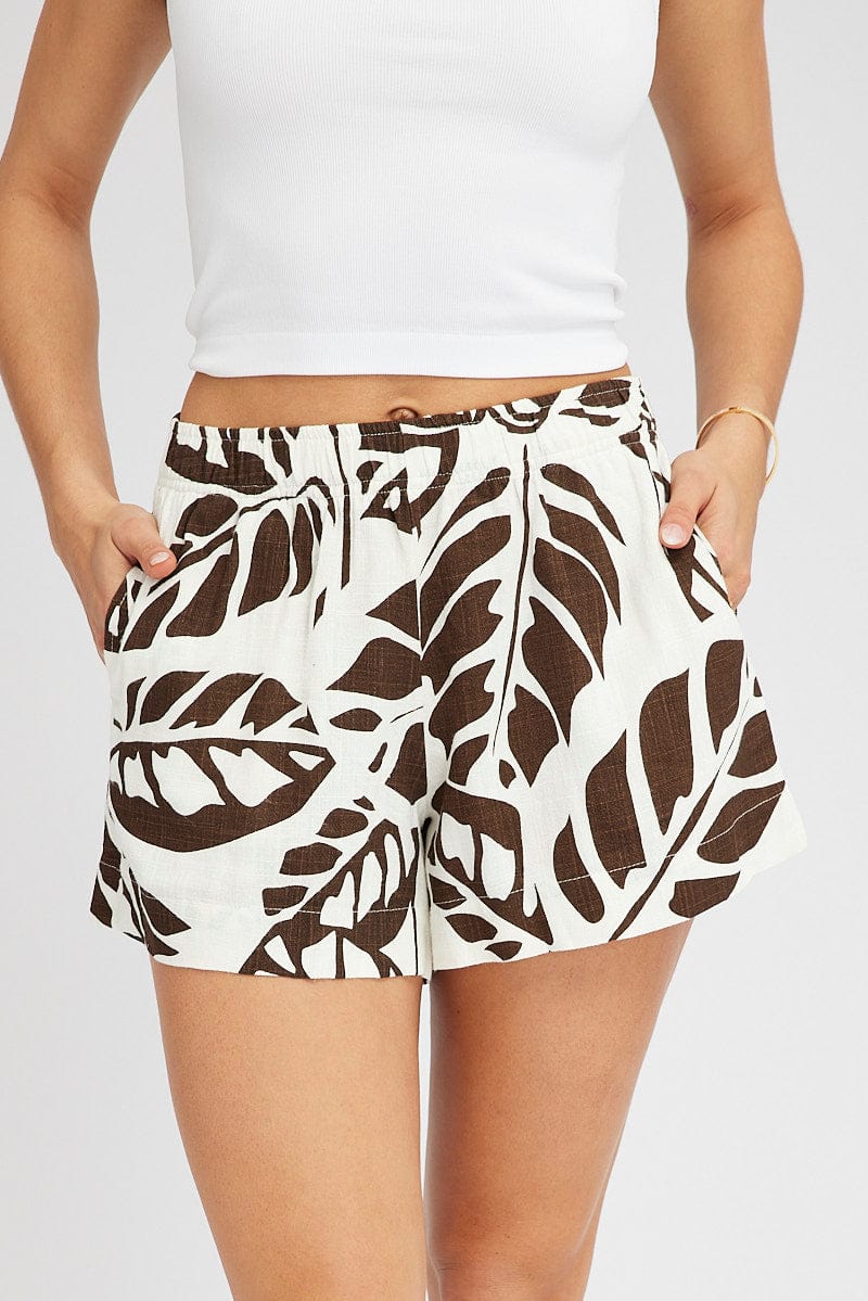 Brown Abstract Relaxed Shorts Mid Rise