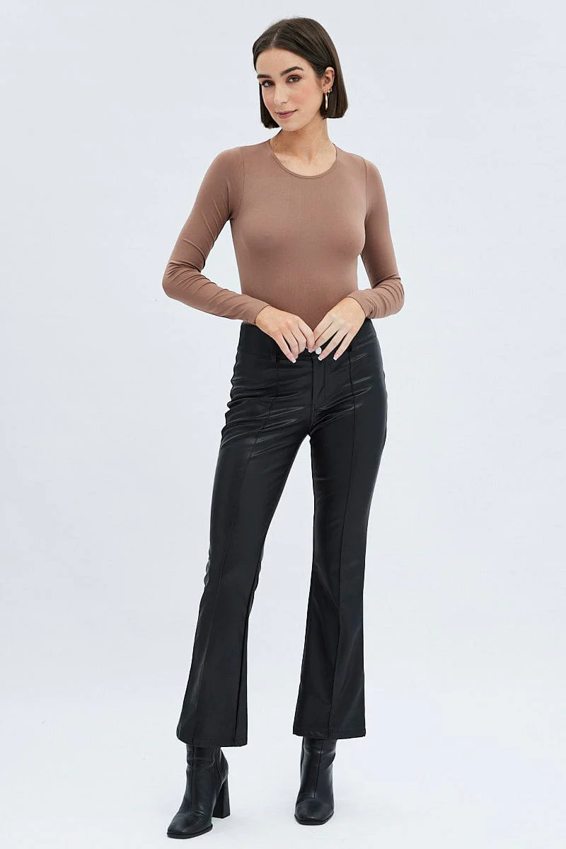 Brown Bodysuit Long Sleeve Crew Neck Seamless