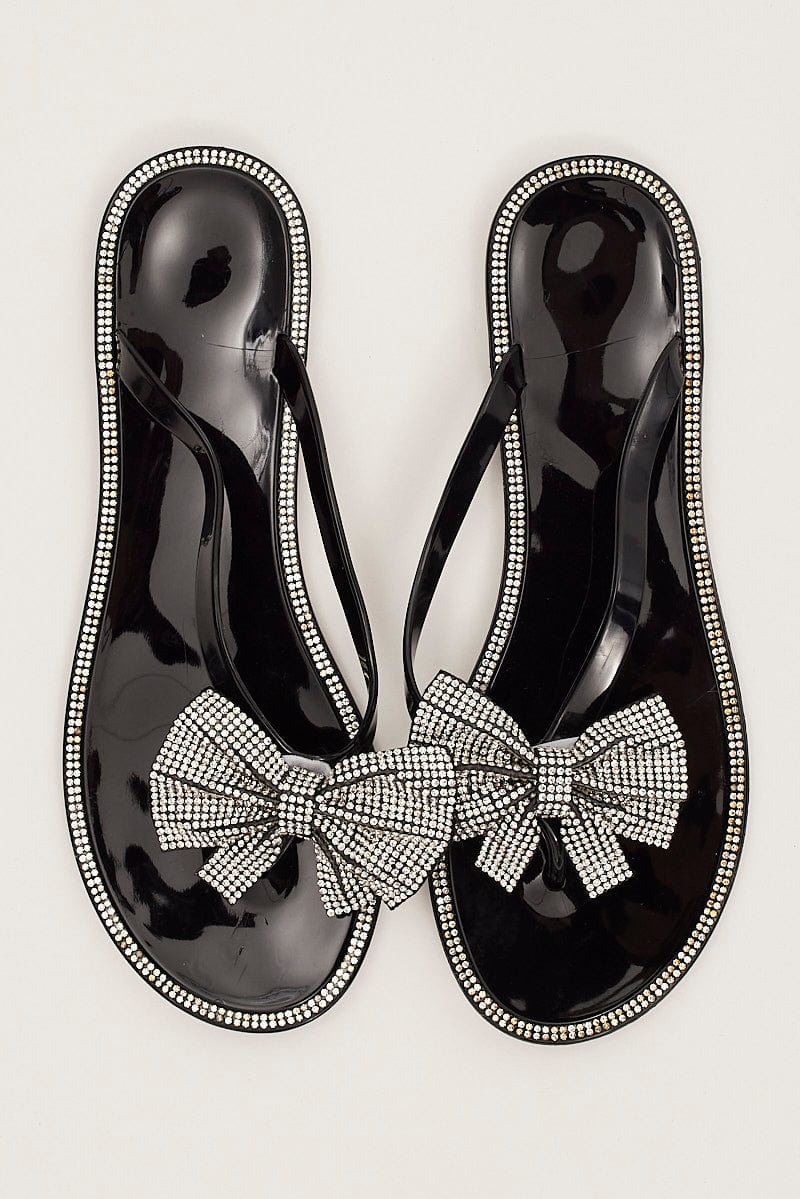 Black Rhinestone and Bow Decor Slippers