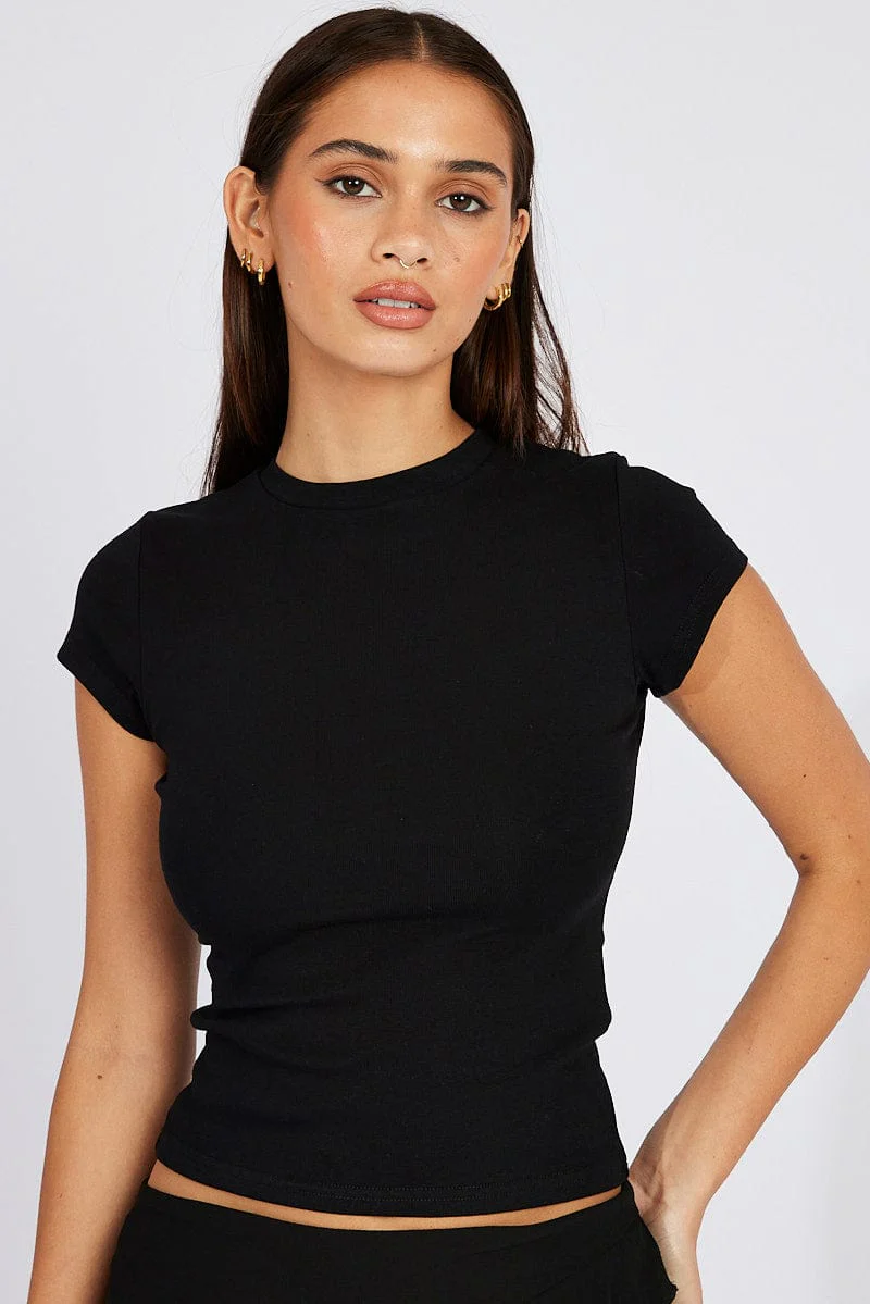 Black T Shirt Short Sleeve Crew Neck Cotton Rib