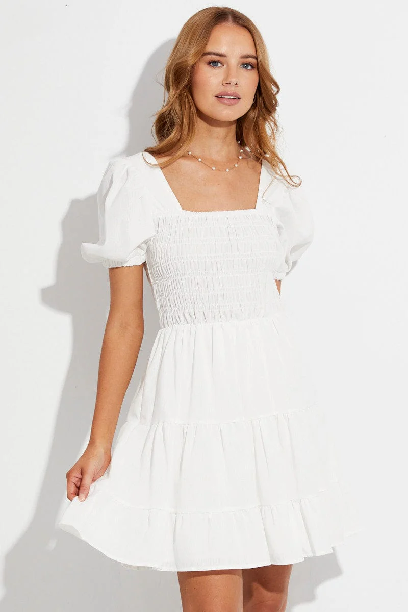 White Fit And Flare Dress Puff Sleeve Square Neck
