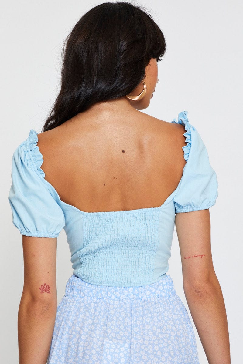 Blue Crop Top Short Sleeve Sweetheart Button Front