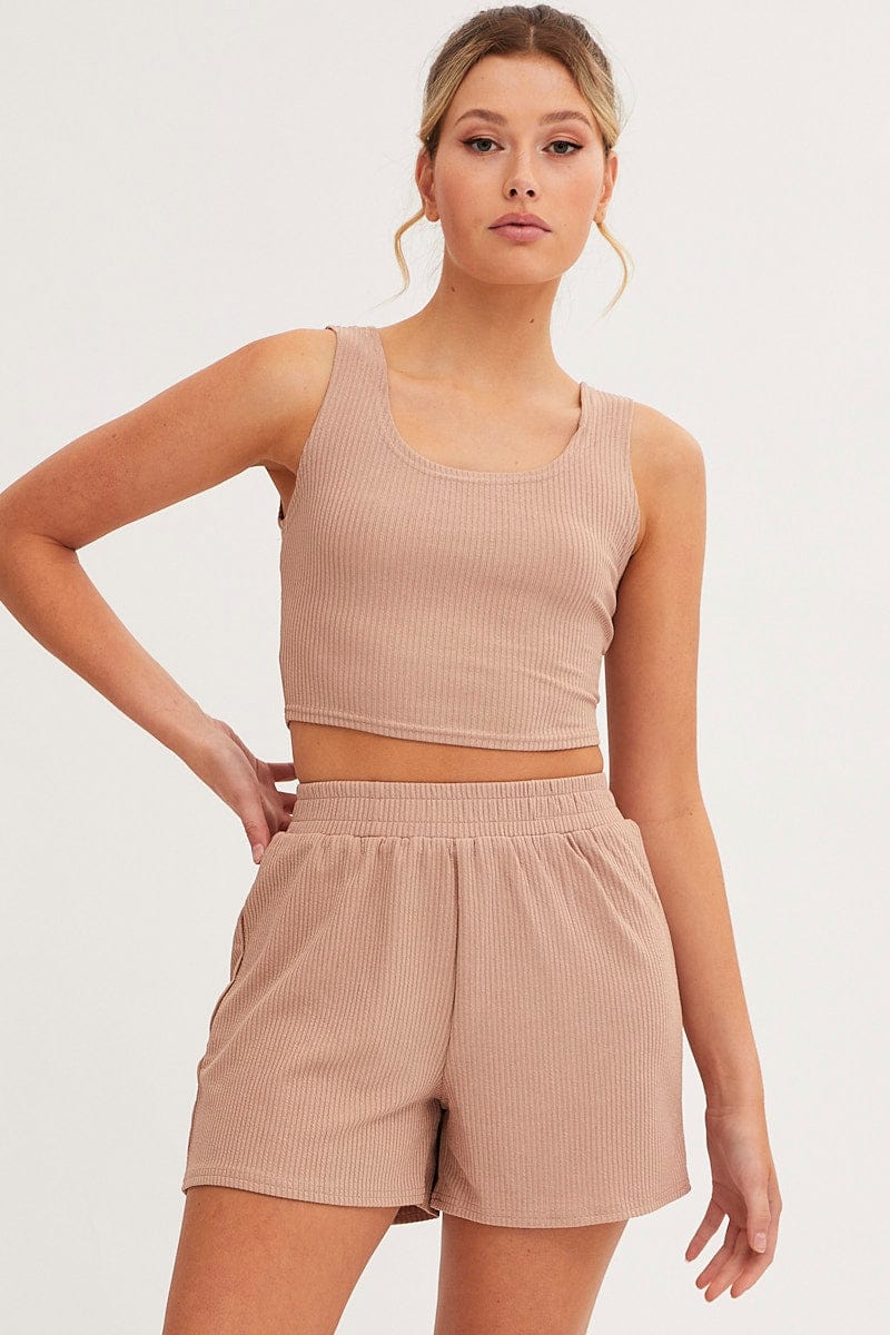 Brown Rib Jersey Crop And Shorts Set
