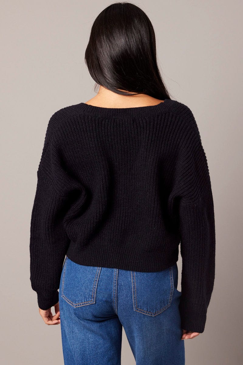 Black Knit Cardigan Long Sleeve V Neck Button Up