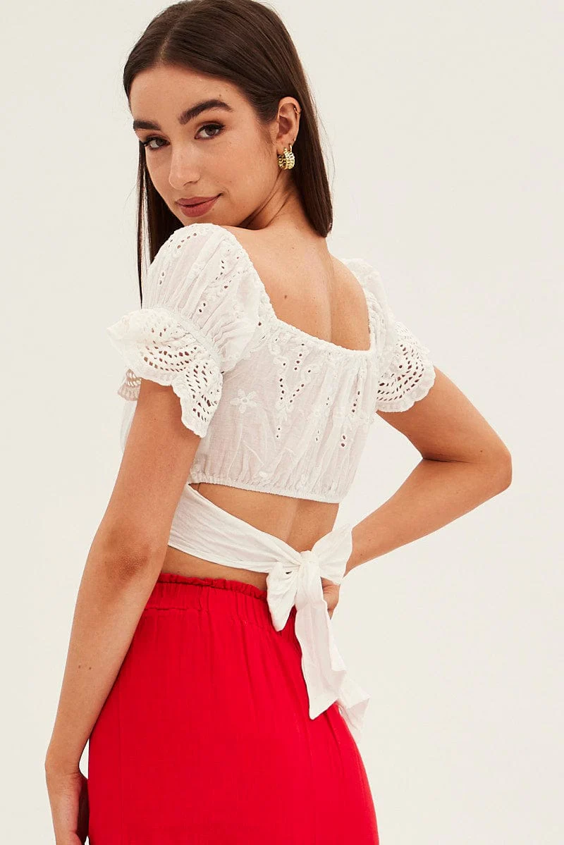 White Crop Top Short Sleeve Tie Back Eyelet