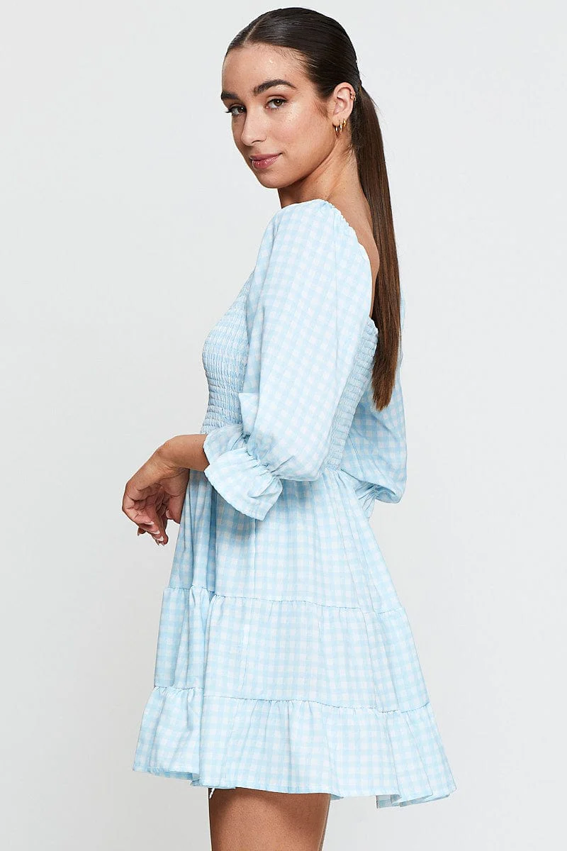 Check Fit And Flare Dress Long Sleeve Sweetheart Neck