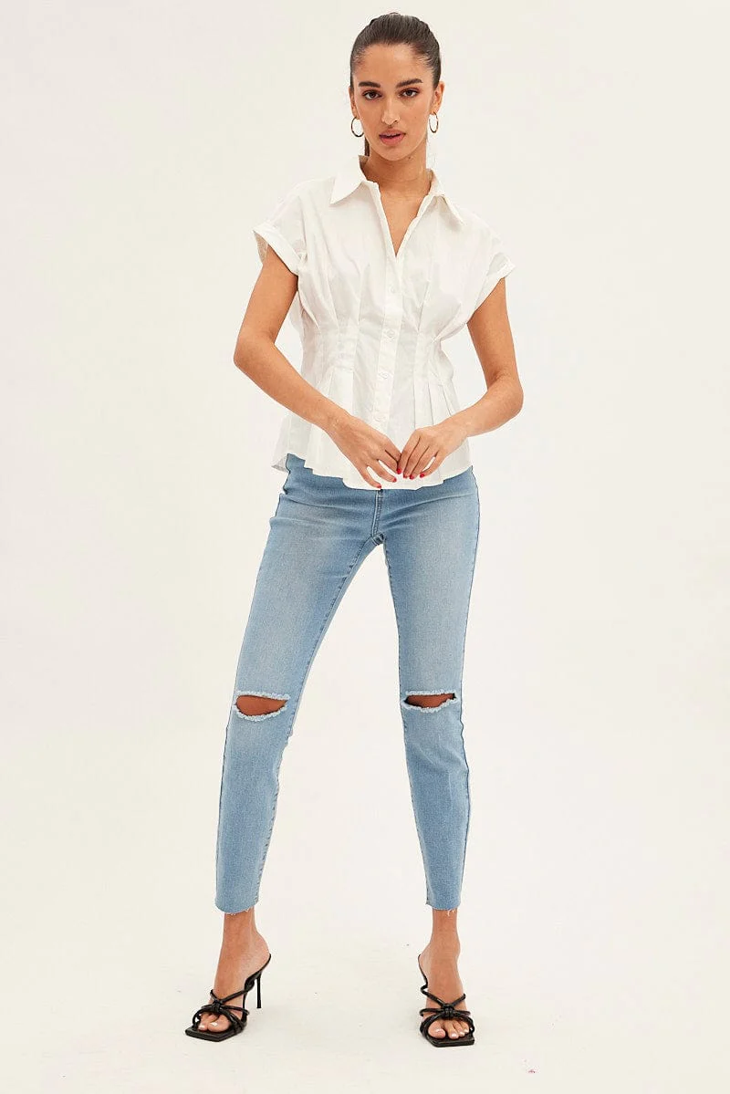 White Shirt Short Sleeve Collared Gathered Bust