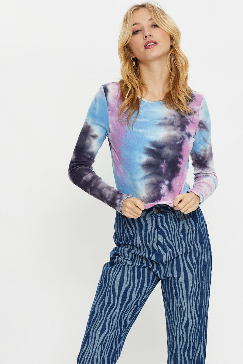 Multi Long Sleeve Tie Dye Rib Jersey Top