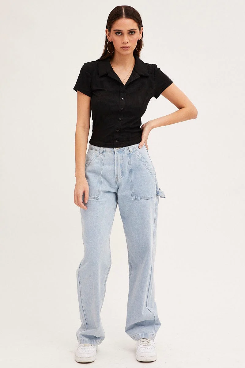 Black Collared Top Short Sleeve Button Up Rib Jersey