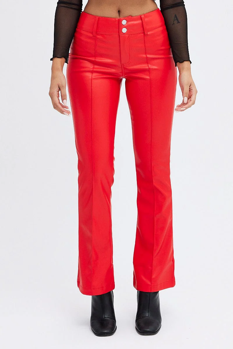 Red Flare Leg Pants Mid Rise Faux Leather