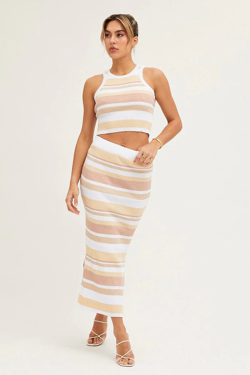 Stripe Knit Top Sleeveless Crop Round Neck