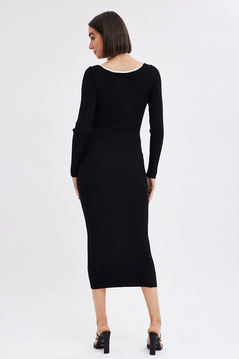 Black Midi Dress Long Sleeve Sweetheart Contrast Bind
