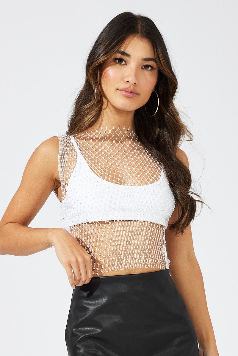 White Rhinestone Mesh Fishnet Top