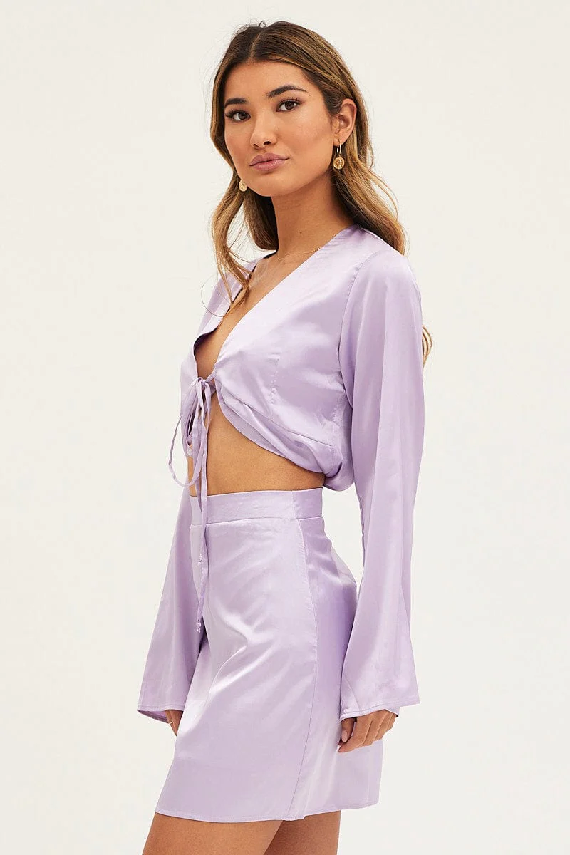 Purple Mini Skirt High Rise Satin