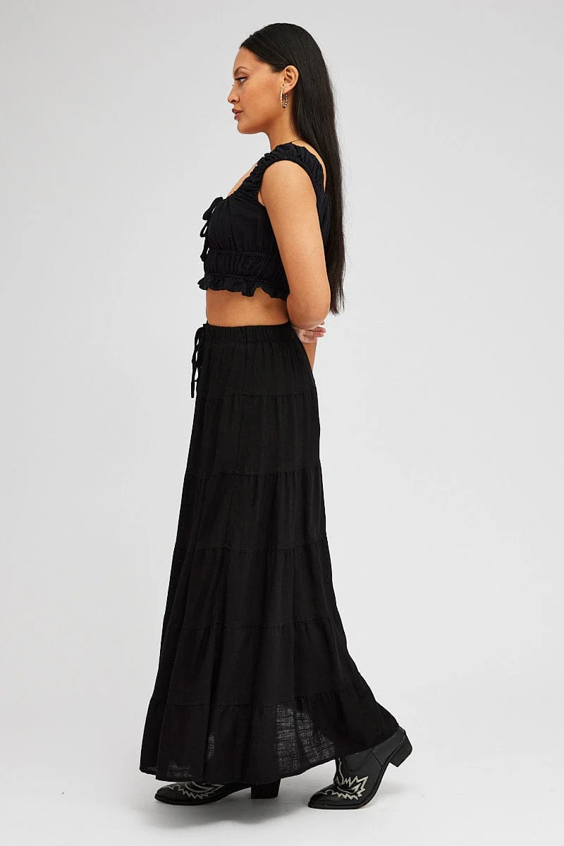 Black Maxi Skirt Tiered High Rise Linen Blend