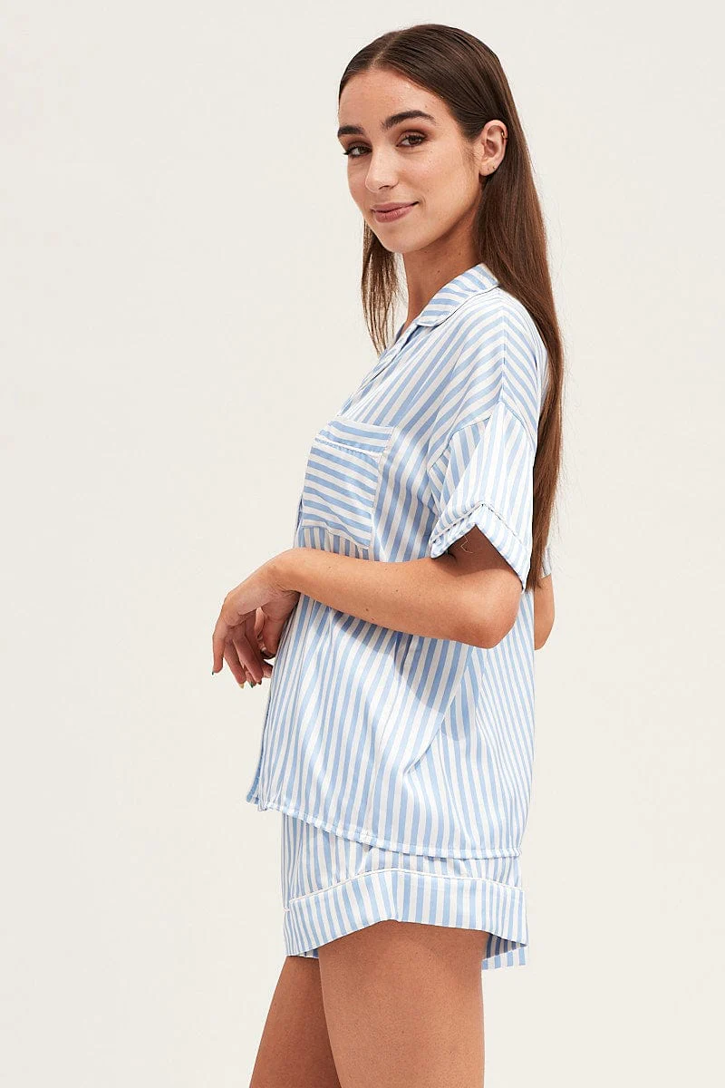 Stripe Satin Short Sleeve Top & Shorts Pj Set