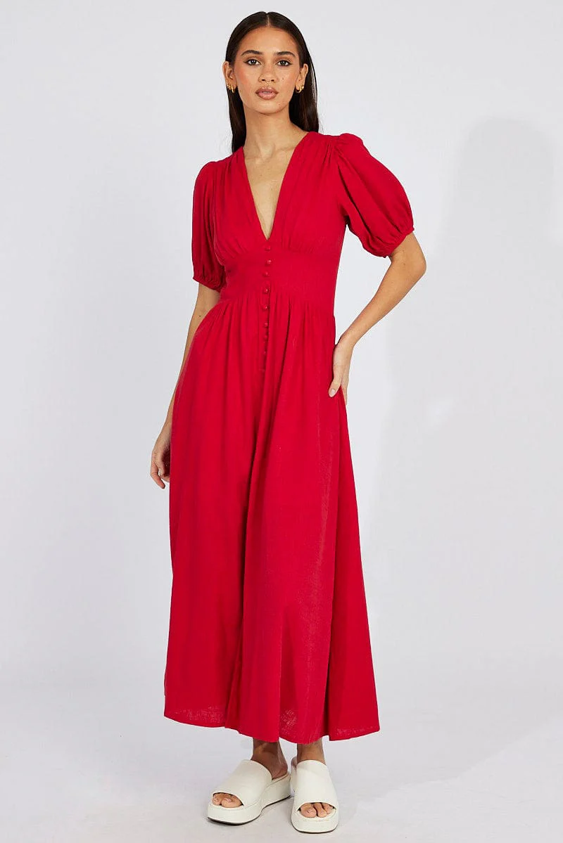 Red Midi Dress Puff Sleeve