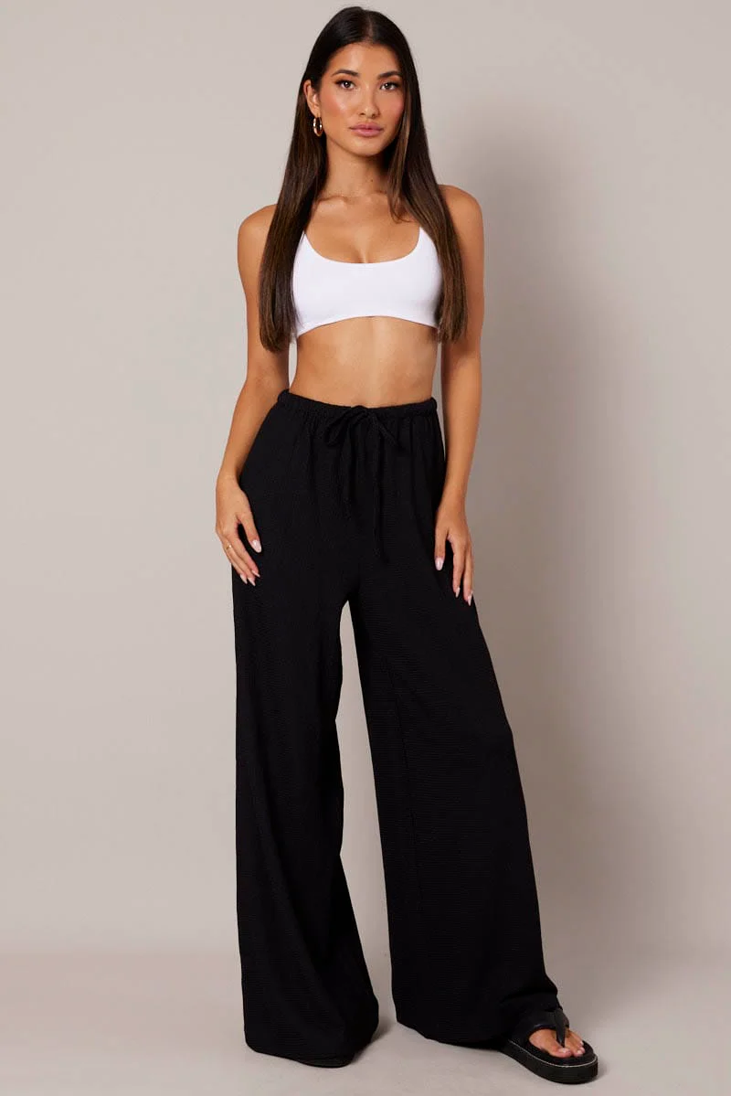 Black Wide Leg Pants High Rise Textured Fabric