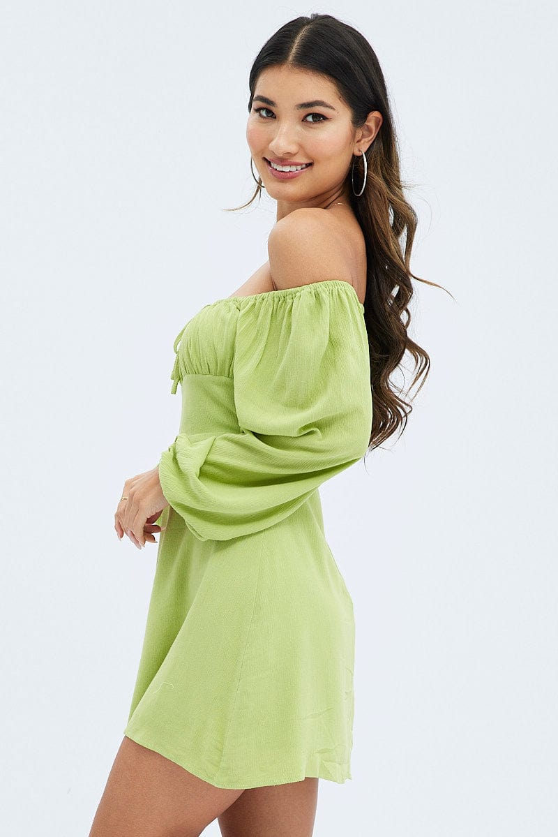 Green Mini Dress Ruched Bust Long Sleeve