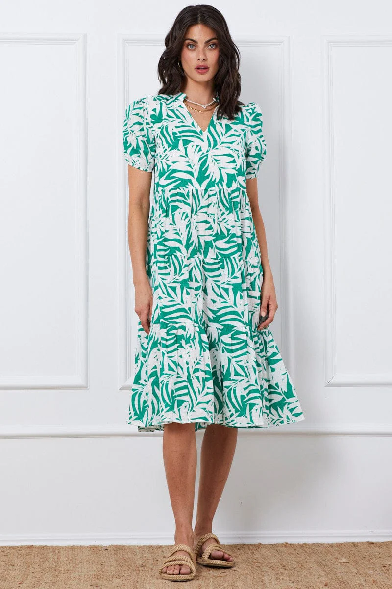 Trop Print Midi Dress Short Sleeve
